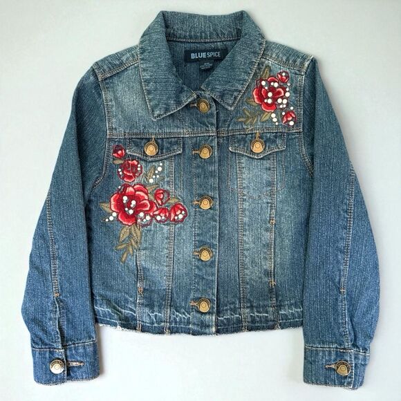Blue Spice Girls Jacket 8 Denim Floral Embroidery Distressed Hem Pearl Accents - Picture 1 of 3